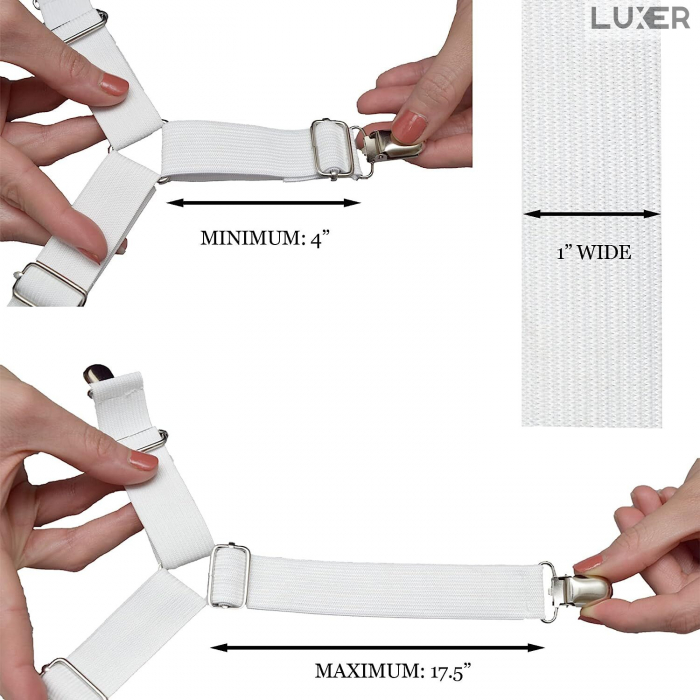 Set 4 Curele/Bretele cu Clesti Metalici Ajustabile Pentru Fixarea Cearceafului/Lenjeriei de Pat, Albe, Luxer, fixare asternuturi cearceaf canapea/pat jysk leroy merlin dedeman hornbach emag ieftine [10]