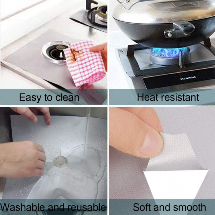 Set 4 folii cu Teflon pentru Protectie Plita sau Aragaz Luxer, Lavabile si Reutilizabile, Argintiu/Silver , 27x27 cm, folie protectie aragaz plita dedeman reutilizabila altex carrefour din teflon auchan ropack inductie perete aragaz ieftin emag altex luxer [7]