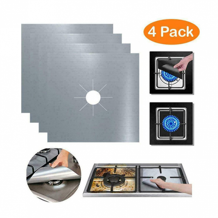 Set 4 folii cu Teflon pentru Protectie Plita sau Aragaz Luxer, Lavabile si Reutilizabile, Argintiu/Silver , 27x27 cm, folie protectie aragaz plita dedeman reutilizabila altex carrefour din teflon auchan ropack inductie perete aragaz ieftin emag altex luxer [15]