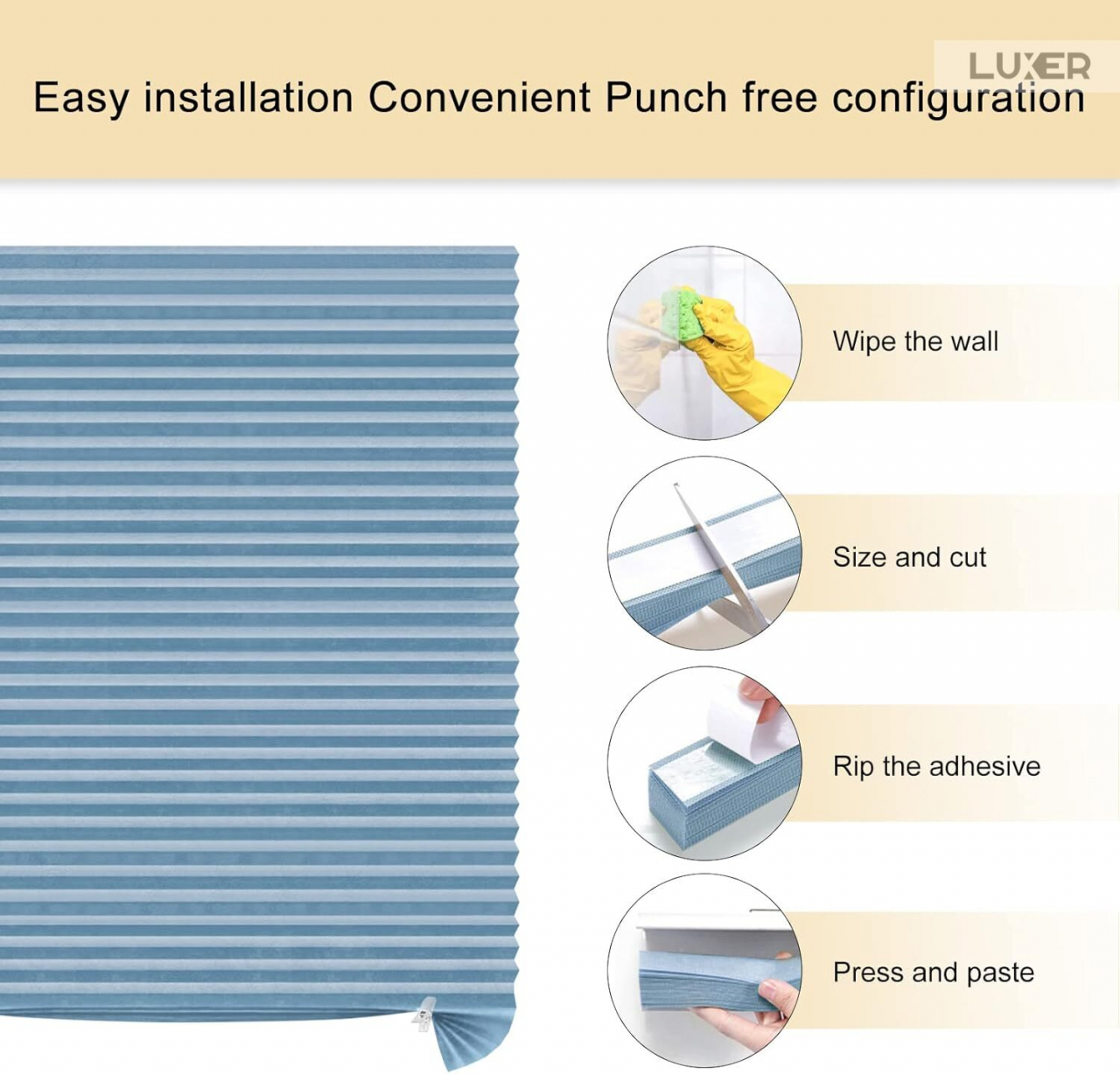 Set 4 Jaluzele Plisate cu Sistem de Prindere Autoadeziv Luxer, Dimensiuni 150X60 cm, Albastru, jaluzele geamuri mansarda rulou dedeman velux leroy merlin pentru ferestre interior hornbach ieftine luxer [13]