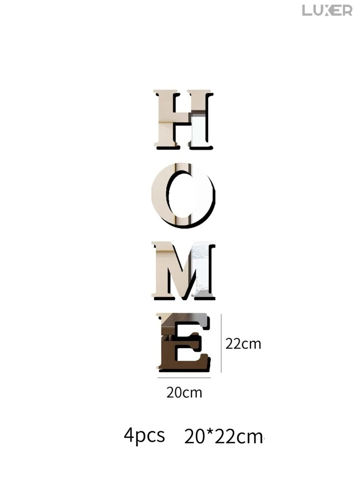 Set 4 Oglinzi Litere Autoadezive Luxer, Model HOME,  Oglinda Decorativa Perete/Mobila pentru Hol Living Baie, Dimensiuni 20x22 cm, Silver [15]