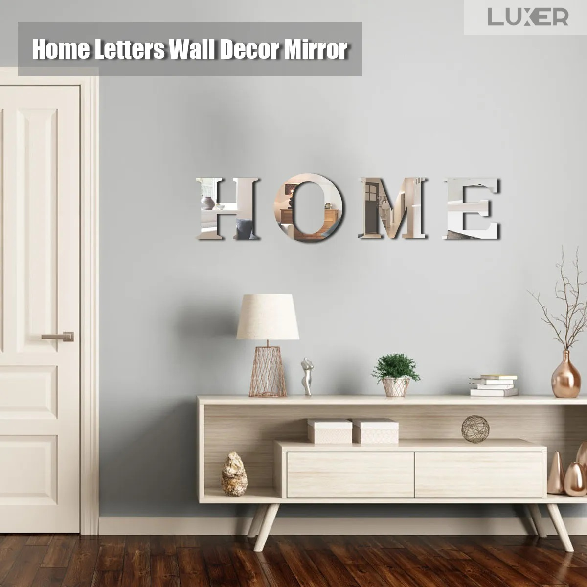 Set 4 Oglinzi Litere Autoadezive Luxer, Model HOME,  Oglinda Decorativa Perete/Mobila pentru Hol Living Baie, Dimensiuni 20x22 cm, Silver [6]