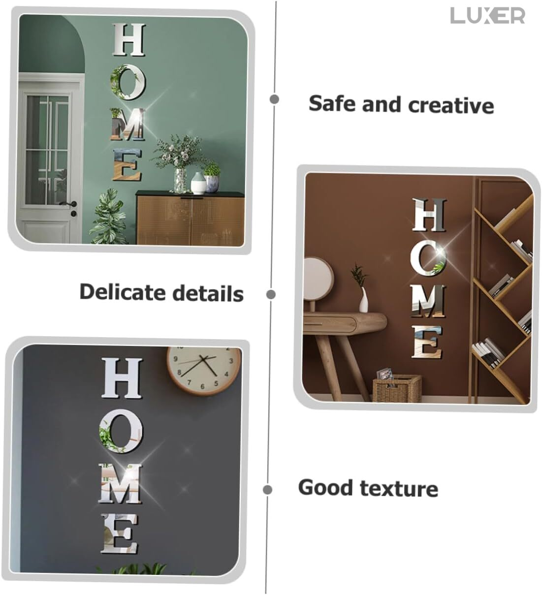 Set 4 Oglinzi Litere Autoadezive Luxer, Model HOME,  Oglinda Decorativa Perete/Mobila pentru Hol Living Baie, Dimensiuni 20x22 cm, Silver [14]