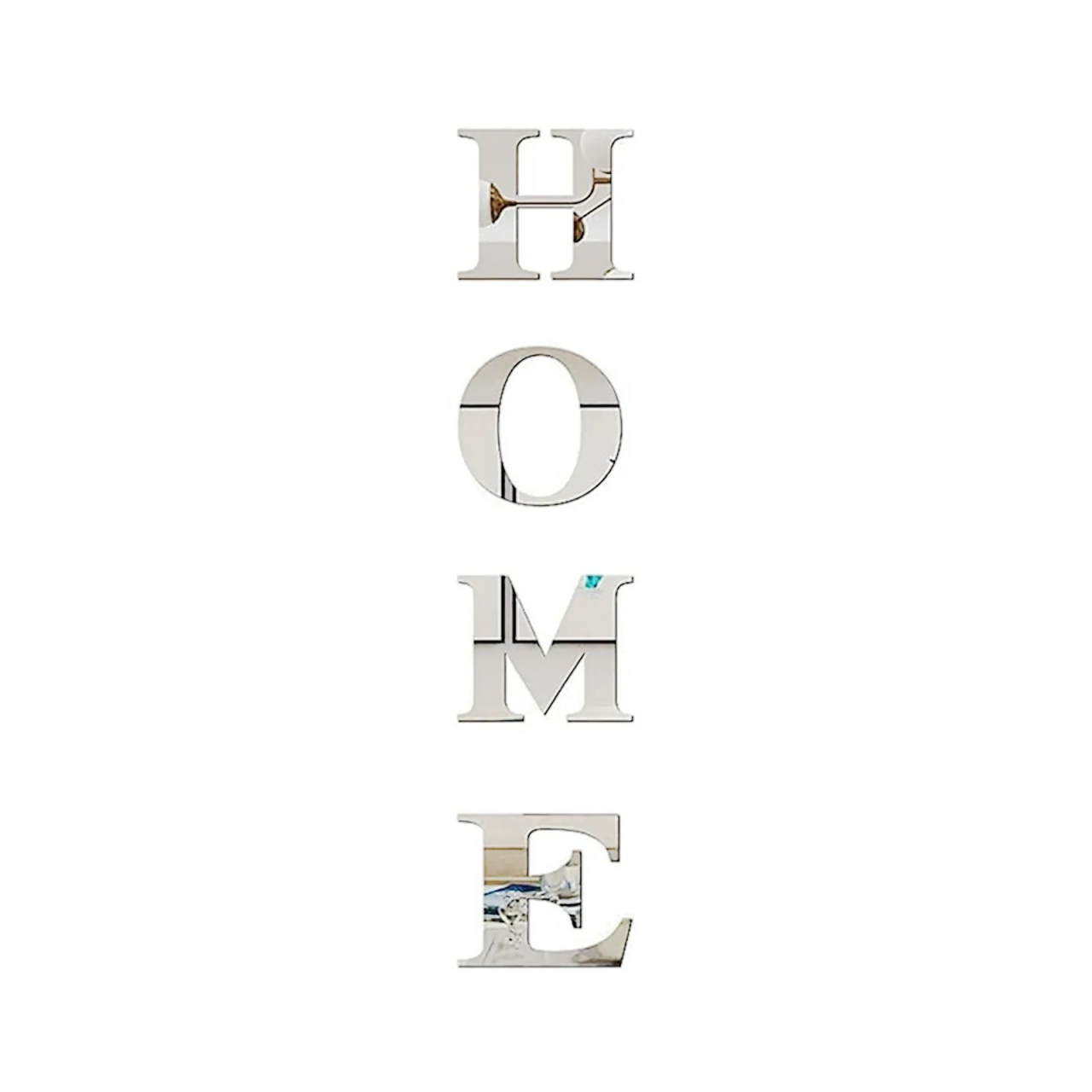 Set 4 Oglinzi Litere Autoadezive Luxer, Model HOME,  Oglinda Decorativa Perete/Mobila pentru Hol Living Baie, Dimensiuni 20x22 cm, Silver [12]
