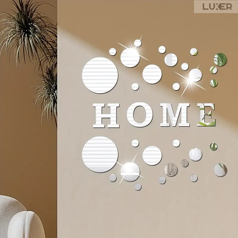 Set 35 Oglinzi Litere Autoadezive Luxer, Model HOME si 31 Buline Diverse Dimensiuni,  Oglinda Decorativa Perete/Mobila pentru Hol Living Baie, Silver [3]