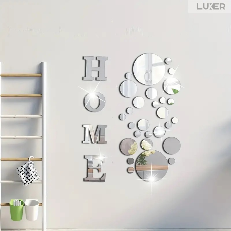 Set 35 Oglinzi Litere Autoadezive Luxer, Model HOME si 31 Buline Diverse Dimensiuni,  Oglinda Decorativa Perete/Mobila pentru Hol Living Baie, Silver [7]