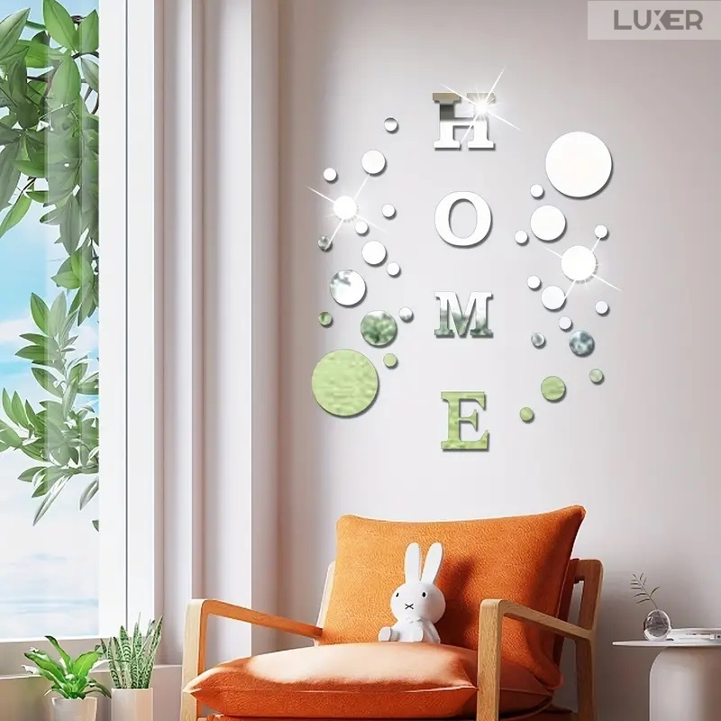 Set 35 Oglinzi Litere Autoadezive Luxer, Model HOME si 31 Buline Diverse Dimensiuni,  Oglinda Decorativa Perete/Mobila pentru Hol Living Baie, Silver [5]