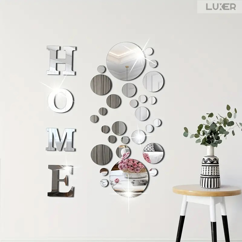 Set 35 Oglinzi Litere Autoadezive Luxer, Model HOME si 31 Buline Diverse Dimensiuni,  Oglinda Decorativa Perete/Mobila pentru Hol Living Baie, Silver [6]