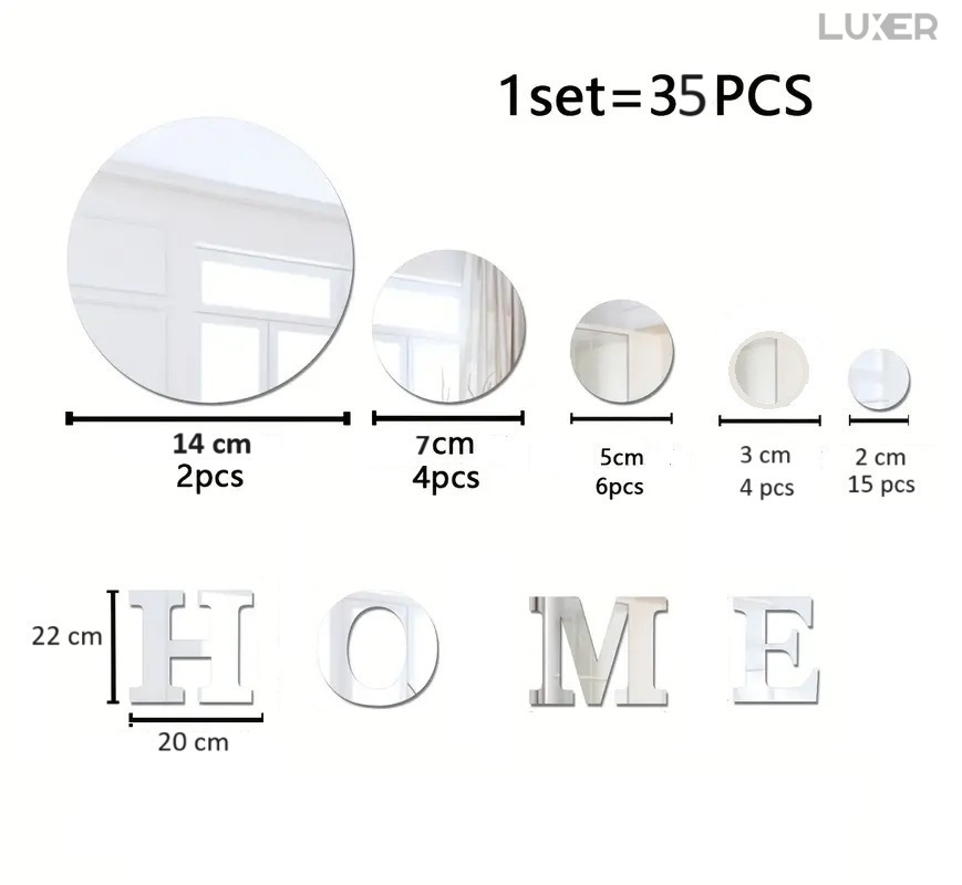 Set 35 Oglinzi Litere Autoadezive Luxer, Model HOME si 31 Buline Diverse Dimensiuni,  Oglinda Decorativa Perete/Mobila pentru Hol Living Baie, Silver [9]