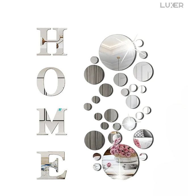 Set 35 Oglinzi Litere Autoadezive Luxer, Model HOME si 31 Buline Diverse Dimensiuni,  Oglinda Decorativa Perete/Mobila pentru Hol Living Baie, Silver [8]