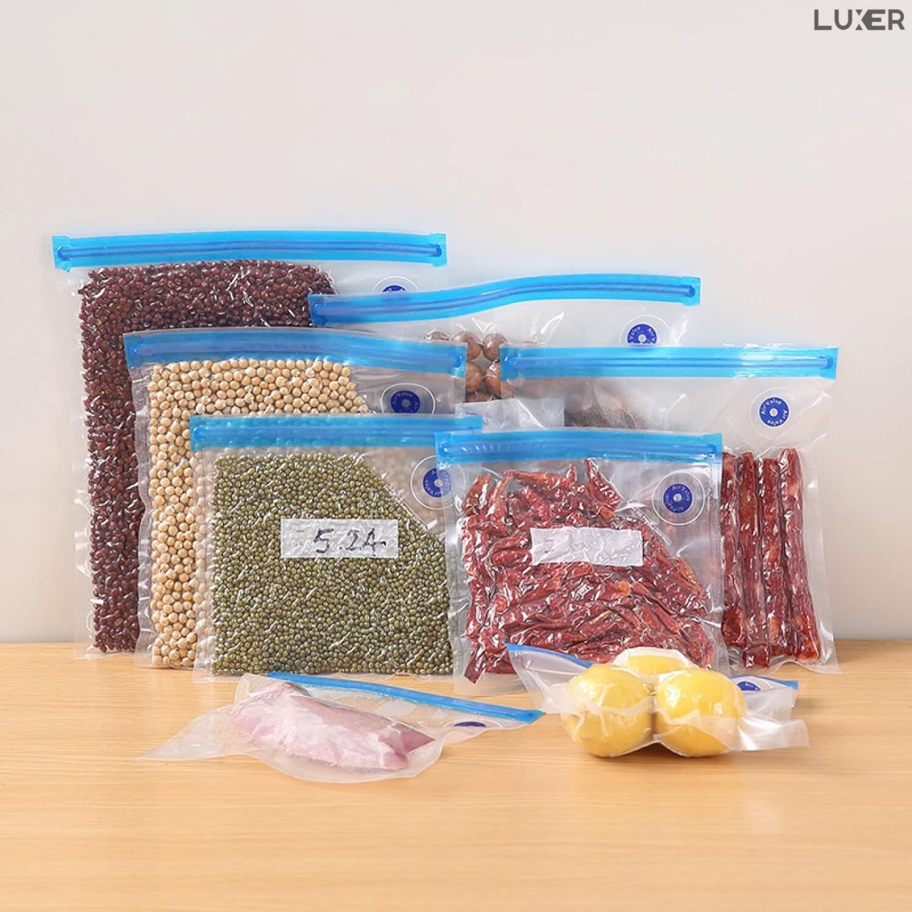 Set 5 Pungi Alimentare pentru Vidat, Reutilizabile de pana la 100 de ori, Vidare Manuala cu Pompa si Clema, Non-Toxice, Anti-Miros, BPA Free, Eco Friendly, pentru Fructe, Legume si Alimente, Luxer, [7]