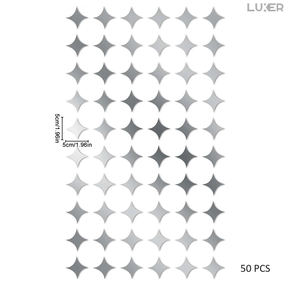 Set 50 Oglinzi Acrilice Autoadezive Luxer, Model Stea cu 4 Colturi, Dimensiuni 5x5 cm, Oglinda Decorativa Perete/Mobila pentru Hol Living Baie, Silver [12]