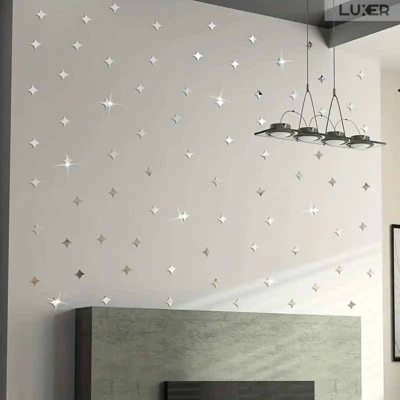 Set 50 Oglinzi Acrilice Autoadezive Luxer, Model Stea cu 4 Colturi, Dimensiuni 5x5 cm, Oglinda Decorativa Perete/Mobila pentru Hol Living Baie, Silver [6]