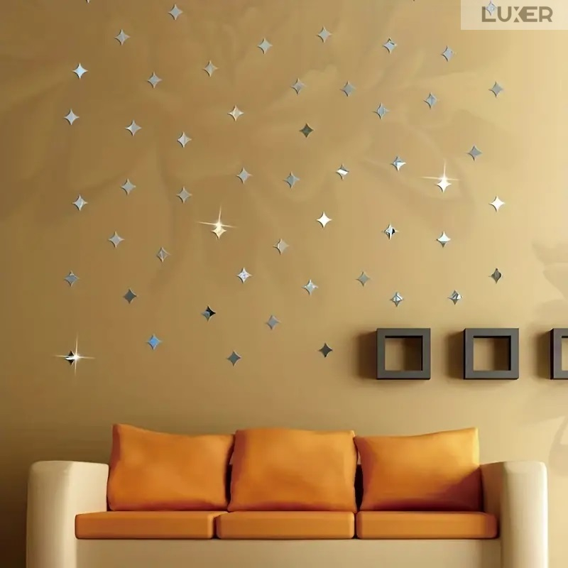 Set 50 Oglinzi Acrilice Autoadezive Luxer, Model Stea cu 4 Colturi, Dimensiuni 5x5 cm, Oglinda Decorativa Perete/Mobila pentru Hol Living Baie, Silver [9]