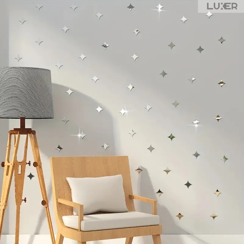 Set 50 Oglinzi Acrilice Autoadezive Luxer, Model Stea cu 4 Colturi, Dimensiuni 5x5 cm, Oglinda Decorativa Perete/Mobila pentru Hol Living Baie, Silver [7]
