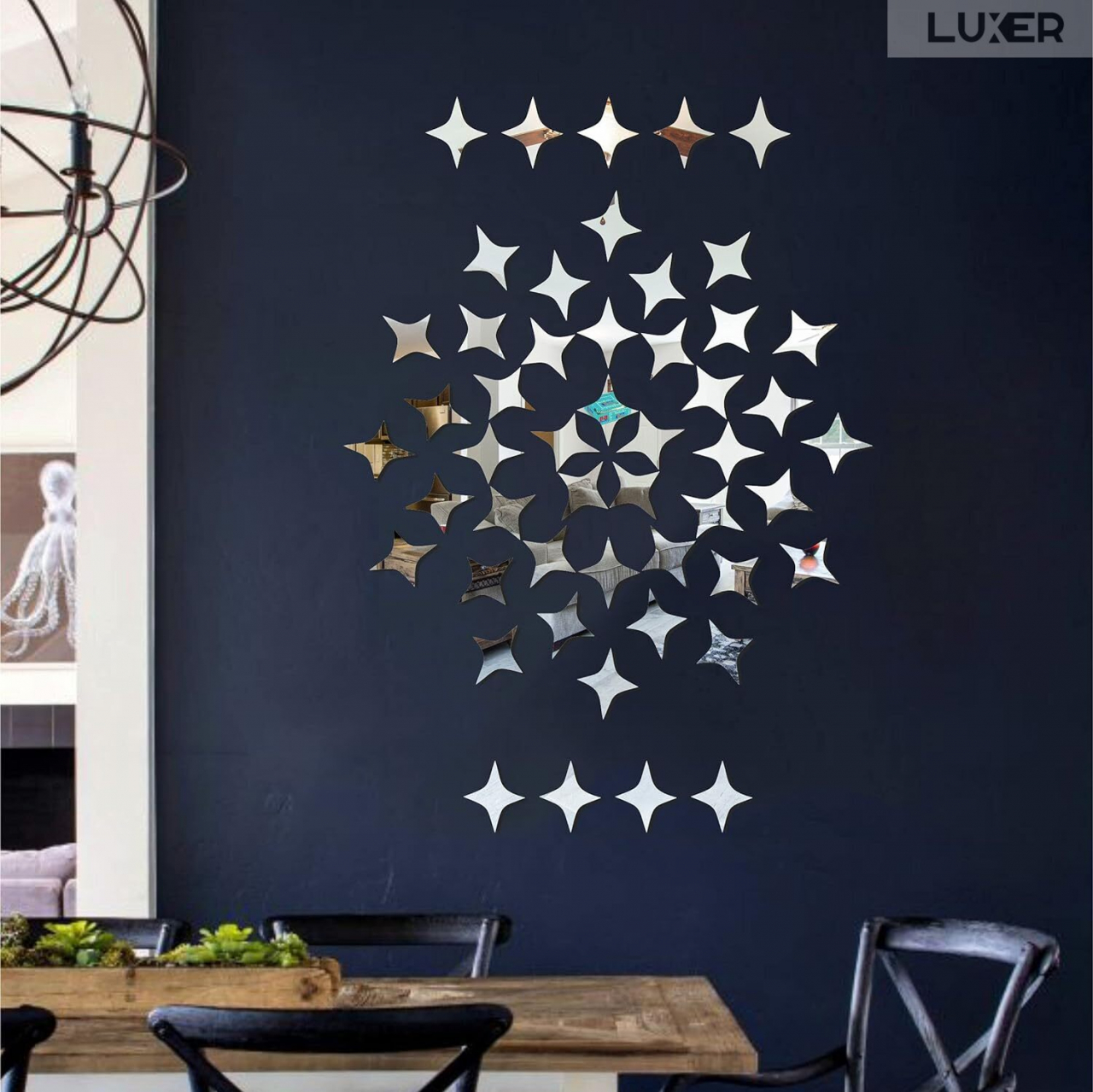 Set 50 Oglinzi Acrilice Autoadezive Luxer, Model Stea cu 4 Colturi, Dimensiuni 5x5 cm, Oglinda Decorativa Perete/Mobila pentru Hol Living Baie, Silver [3]