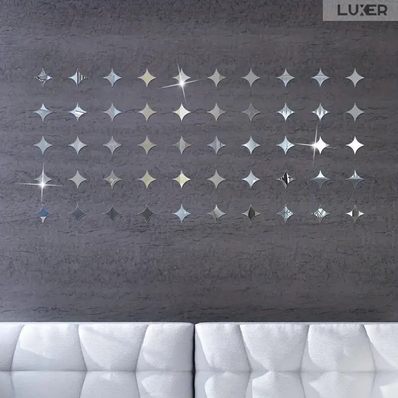 Set 50 Oglinzi Acrilice Autoadezive Luxer, Model Stea cu 4 Colturi, Dimensiuni 5x5 cm, Oglinda Decorativa Perete/Mobila pentru Hol Living Baie, Silver [4]