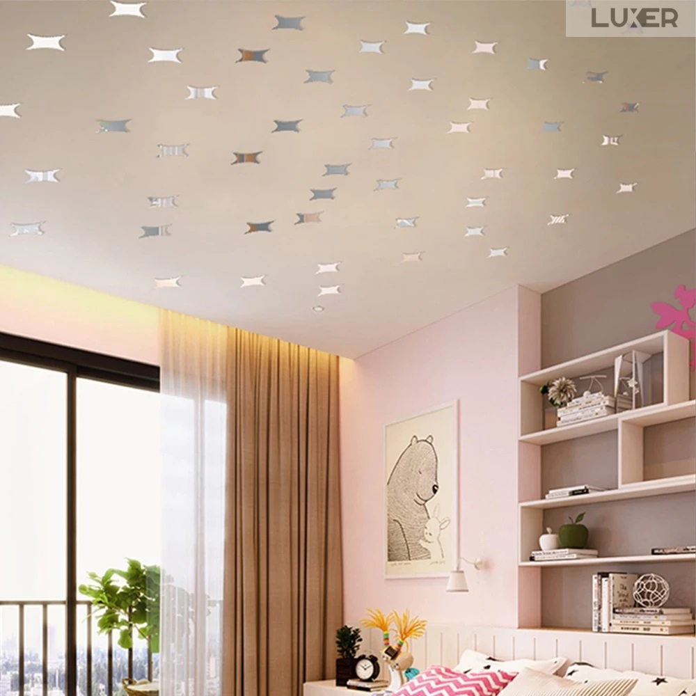 Set 50 Oglinzi Acrilice Autoadezive Luxer, Model Stea cu 4 Colturi, Dimensiuni 5x5 cm, Oglinda Decorativa Perete/Mobila pentru Hol Living Baie, Silver [8]