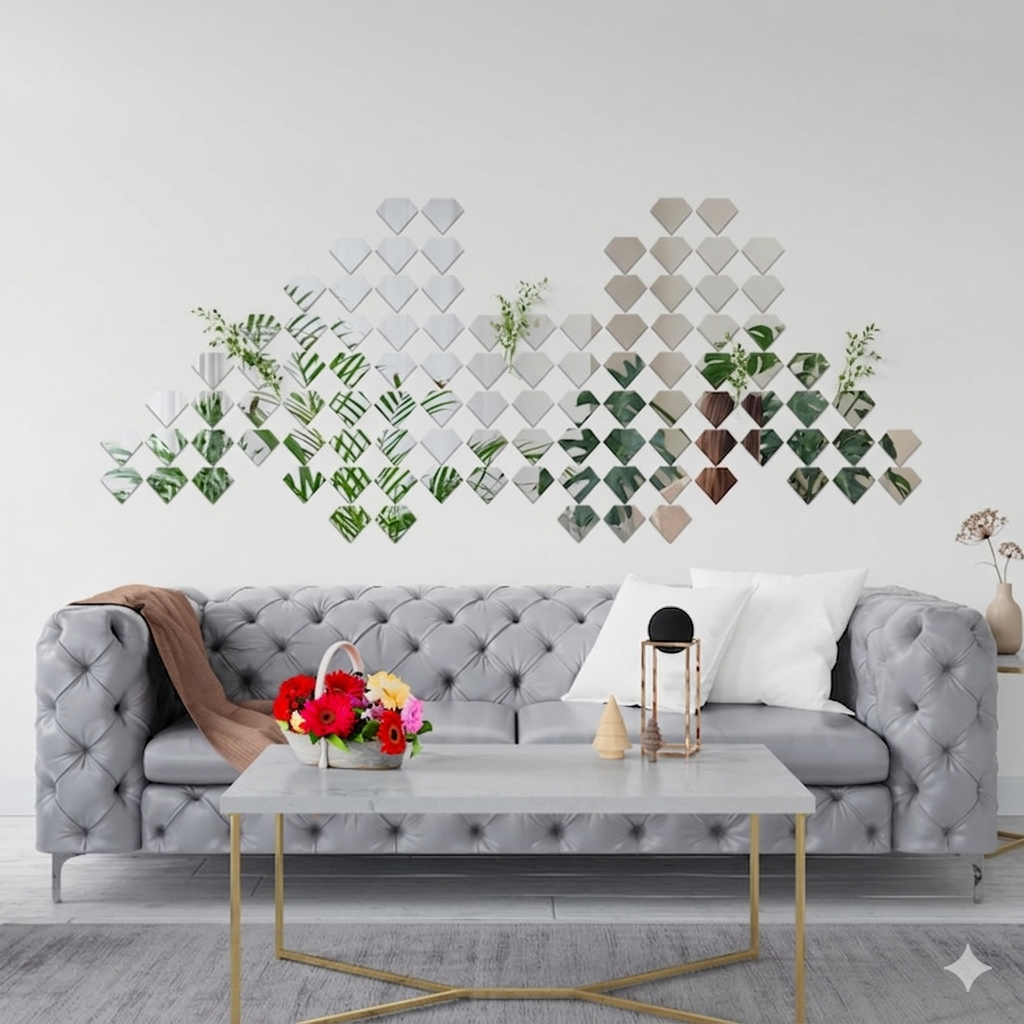 Set 50 Oglinzi Acrilice Autoadezive, Model Diamant, Oglinda Decorativa Perete/Mobila pentru Hol Living Baie, Dimensiuni 6x5 cm, Luxer [3]