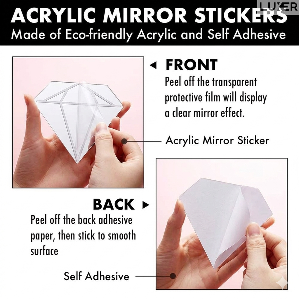 Set 50 Oglinzi Acrilice Autoadezive, Model Diamant, Oglinda Decorativa Perete/Mobila pentru Hol Living Baie, Dimensiuni 6x5 cm, Luxer [5]