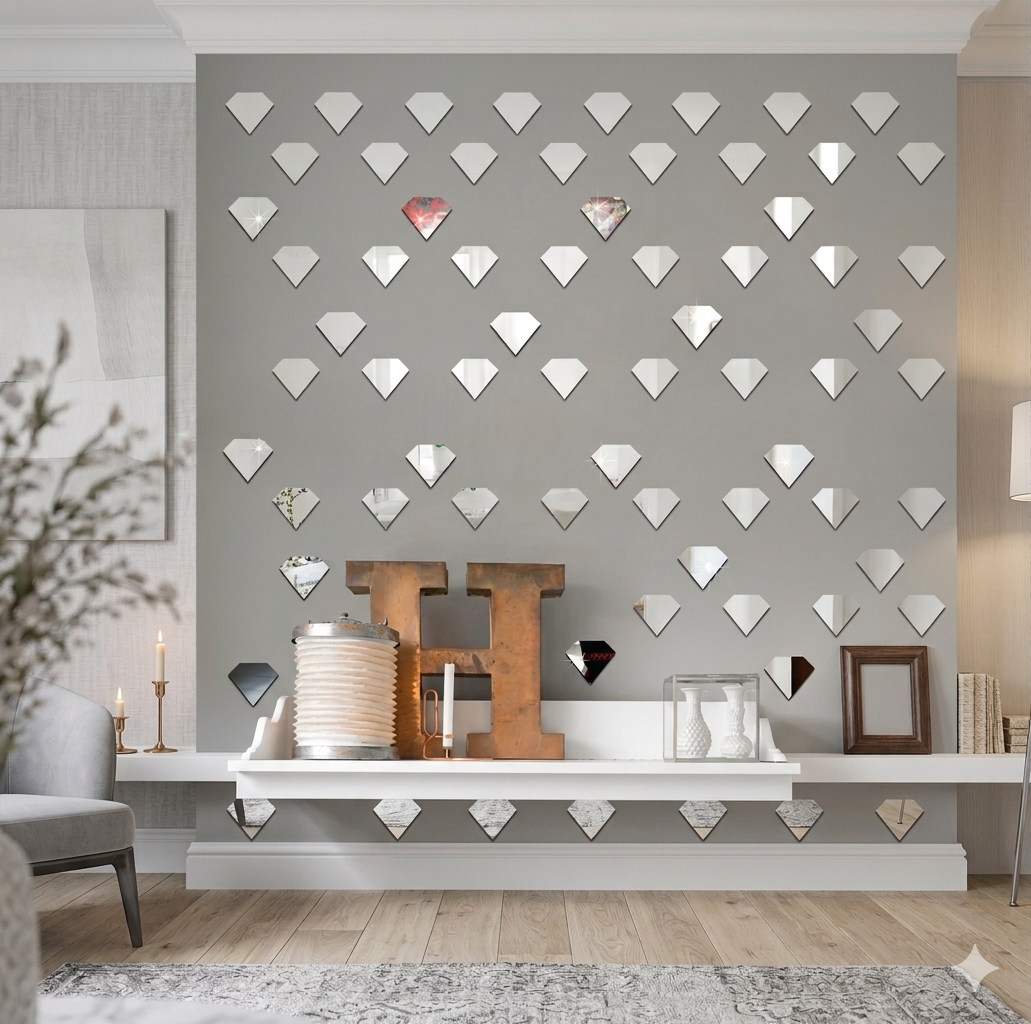 Set 50 Oglinzi Acrilice Autoadezive, Model Diamant, Oglinda Decorativa Perete/Mobila pentru Hol Living Baie, Dimensiuni 6x5 cm, Luxer [2]