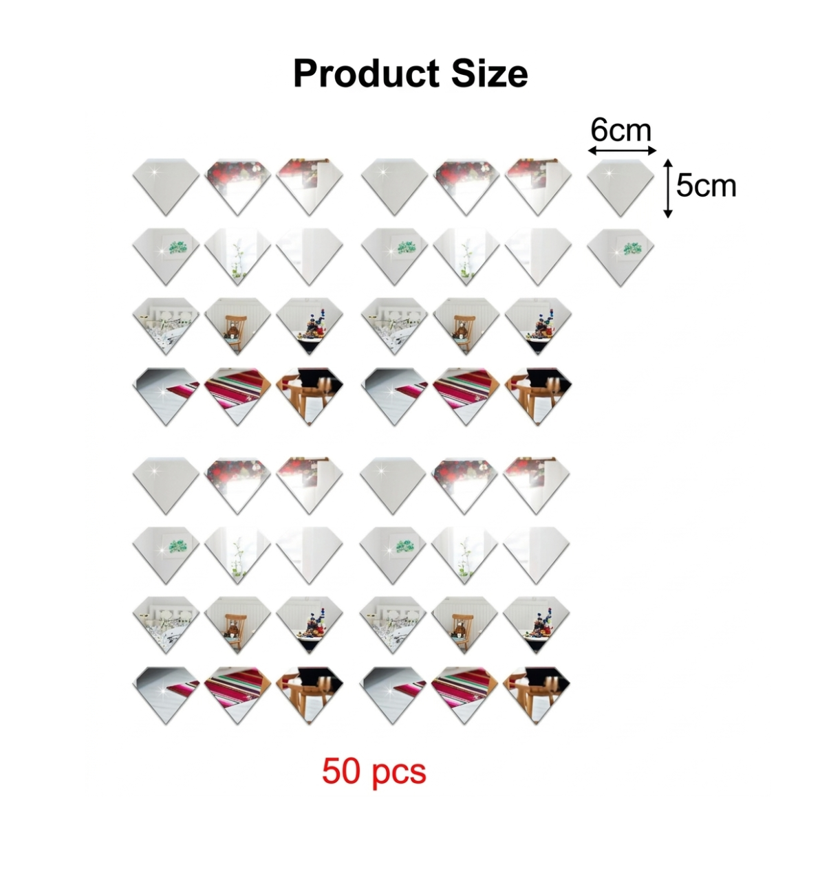 Set 50 Oglinzi Acrilice Autoadezive, Model Diamant, Oglinda Decorativa Perete/Mobila pentru Hol Living Baie, Dimensiuni 6x5 cm, Luxer [6]