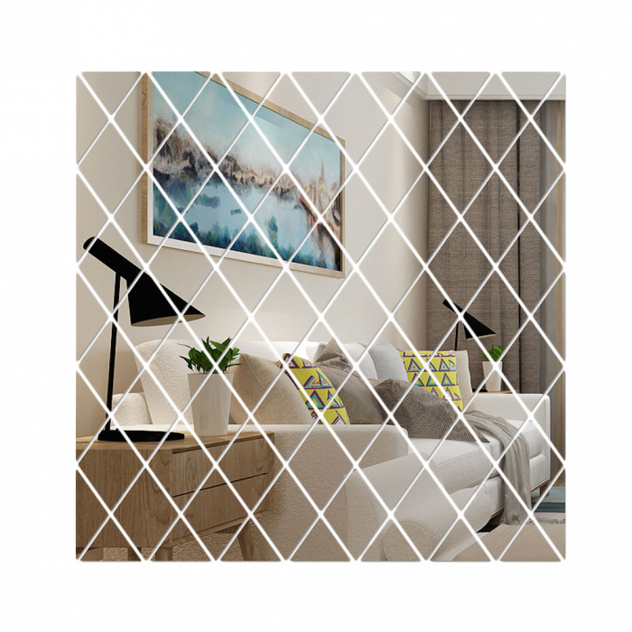 Set 58 Oglinzi Acrilice Autoadezive Luxer,100x100 cm, Model Romb, Oglinda Decorativa Perete/Mobila pentru Hol Living Baie, Autocolante, Silver, oglinzi decorative pentru perete rotunde model bulina pentrun hol living ieftine din acril rezistente ikea jumbo hornbach luxer [12]