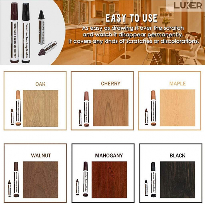 Set 6 Markere + 6 Creioane Cerate pentru Reparare si Corectare Zgarieturi Mobila/Lemn/Parchet, 6 Nuante de Maro, Luxer, marker corector zgarieturi mobila dedeman hornbach leroy merlin alb wenghe ieftine [4]