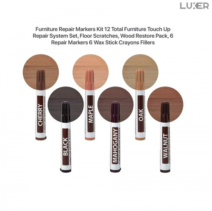 Set 6 Markere + 6 Creioane Cerate pentru Reparare si Corectare Zgarieturi Mobila/Lemn/Parchet, 6 Nuante de Maro, Luxer, marker corector zgarieturi mobila dedeman hornbach leroy merlin alb wenghe ieftine [10]