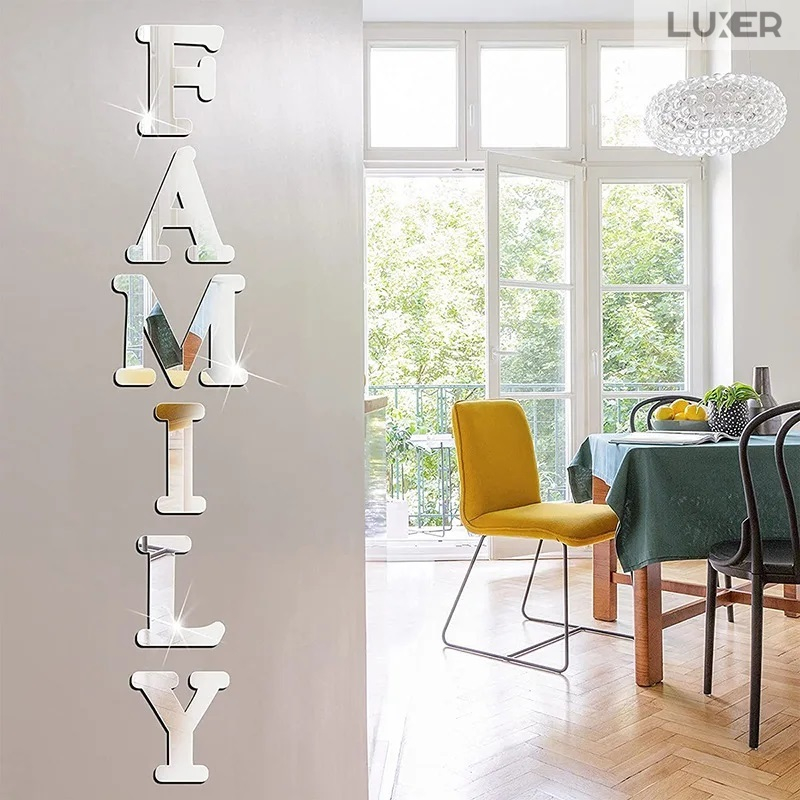 Set 6 Oglinzi Litere Autoadezive Luxer, Model FAMILY, Oglinda Decorativa Perete/Mobila pentru Hol Living Baie Dimensiuni 22x23 cm, Silver [2]