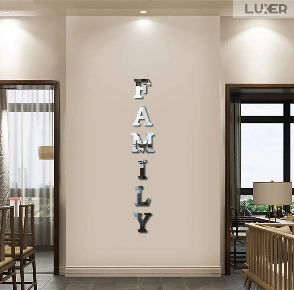 Set 6 Oglinzi Litere Autoadezive Luxer, Model FAMILY, Oglinda Decorativa Perete/Mobila pentru Hol Living Baie Dimensiuni 22x23 cm, Silver [4]