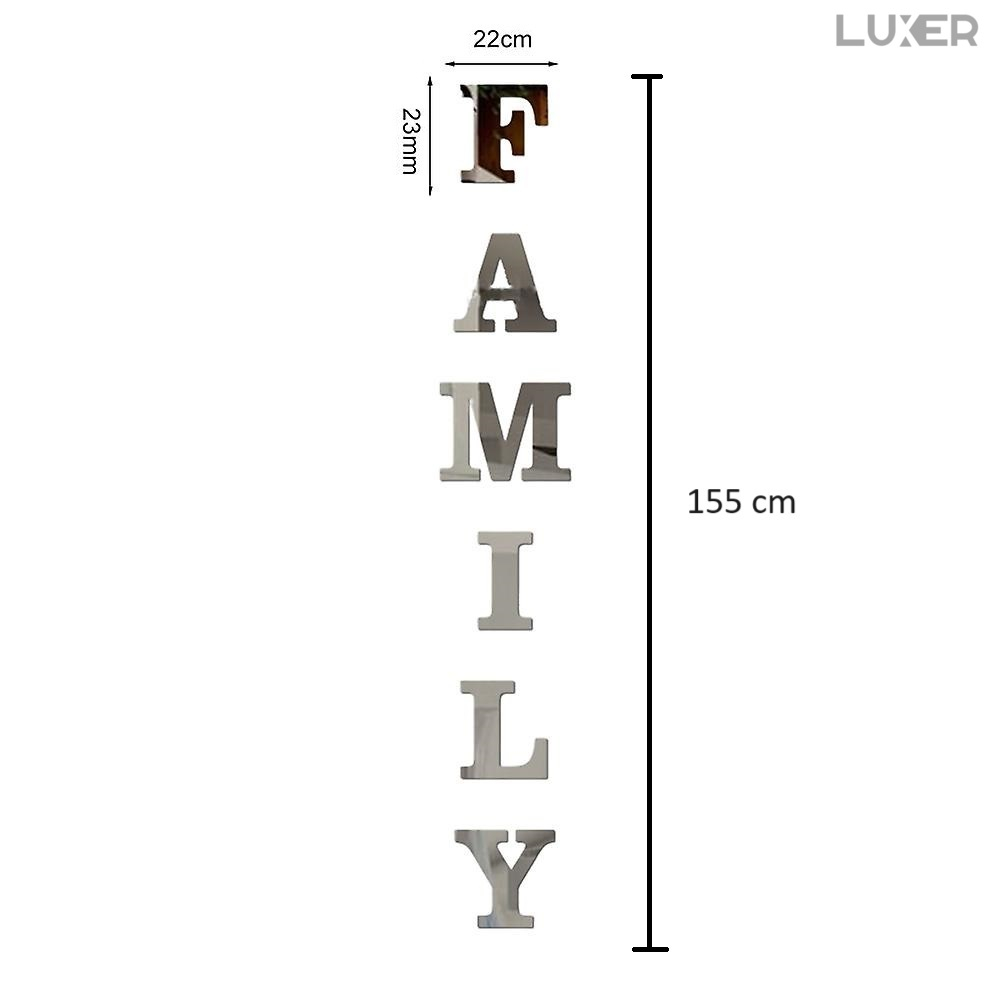 Set 6 Oglinzi Litere Autoadezive Luxer, Model FAMILY, Oglinda Decorativa Perete/Mobila pentru Hol Living Baie Dimensiuni 22x23 cm, Silver [14]