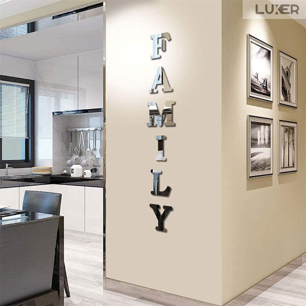 Set 6 Oglinzi Litere Autoadezive Luxer, Model FAMILY, Oglinda Decorativa Perete/Mobila pentru Hol Living Baie Dimensiuni 22x23 cm, Silver [3]