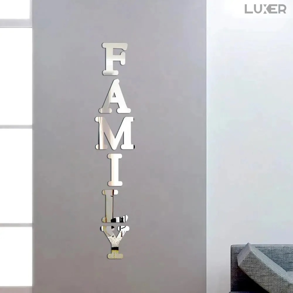 Set 6 Oglinzi Litere Autoadezive Luxer, Model FAMILY, Oglinda Decorativa Perete/Mobila pentru Hol Living Baie Dimensiuni 22x23 cm, Silver [6]