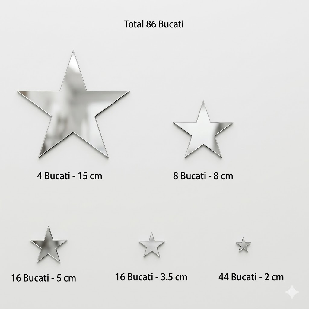 Set 86 Oglinzi Acrilice Autoadezive, Model Stele, Oglinda Decorativa Perete/Mobila pentru Hol Living Baie, Multiple Dimensiuni, Luxer [8]