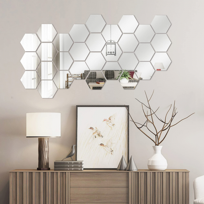 Set oglinzi acrilice Luxer, model hexagon, 12.5x11x6.4 cm, silver, oglinda acrilica perete mare decortiva dedeman dormitor rama ikea baie dedeman jysk ieftin pret emag mobexpert moderne ieftine leroy merlin autocolant hexagon luxer [7]