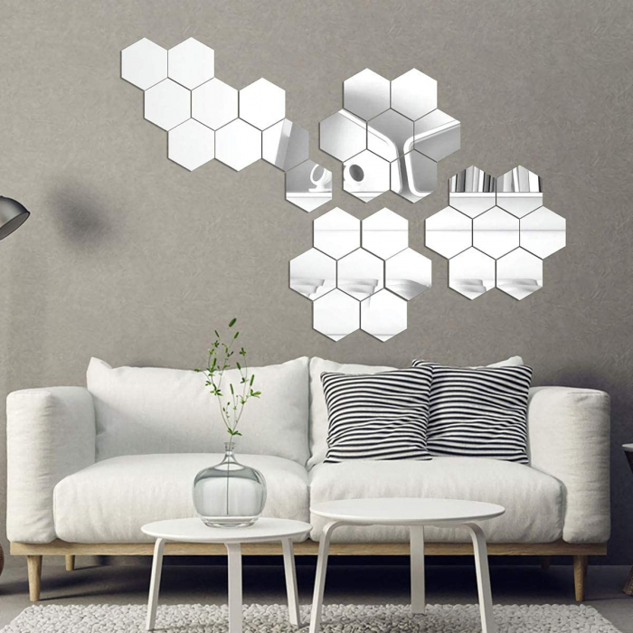 Set oglinzi acrilice Luxer, model hexagon, 12.5x11x6.4 cm, silver, oglinda acrilica perete mare decortiva dedeman dormitor rama ikea baie dedeman jysk ieftin pret emag mobexpert moderne ieftine leroy merlin autocolant hexagon luxer [14]