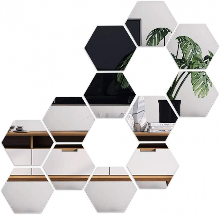 Set oglinzi acrilice Luxer, model hexagon, 18.5x16x9.3 cm, silver, oglinda acrilica perete mare decortiva dedeman dormitor rama ikea baie dedeman jysk ieftin pret emag mobexpert moderne ieftine leroy merlin autocolant hexagon luxer [1]