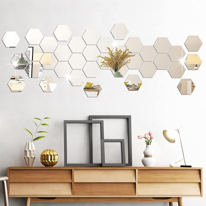 Set oglinzi acrilice Luxer, model hexagon, 12.5x11x6.4 cm, silver, oglinda acrilica perete mare decortiva dedeman dormitor rama ikea baie dedeman jysk ieftin pret emag mobexpert moderne ieftine leroy merlin autocolant hexagon luxer [11]