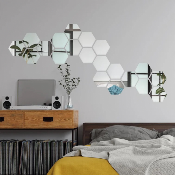 Set oglinzi acrilice Luxer, model hexagon, 12.5x11x6.4 cm, silver, oglinda acrilica perete mare decortiva dedeman dormitor rama ikea baie dedeman jysk ieftin pret emag mobexpert moderne ieftine leroy merlin autocolant hexagon luxer [5]