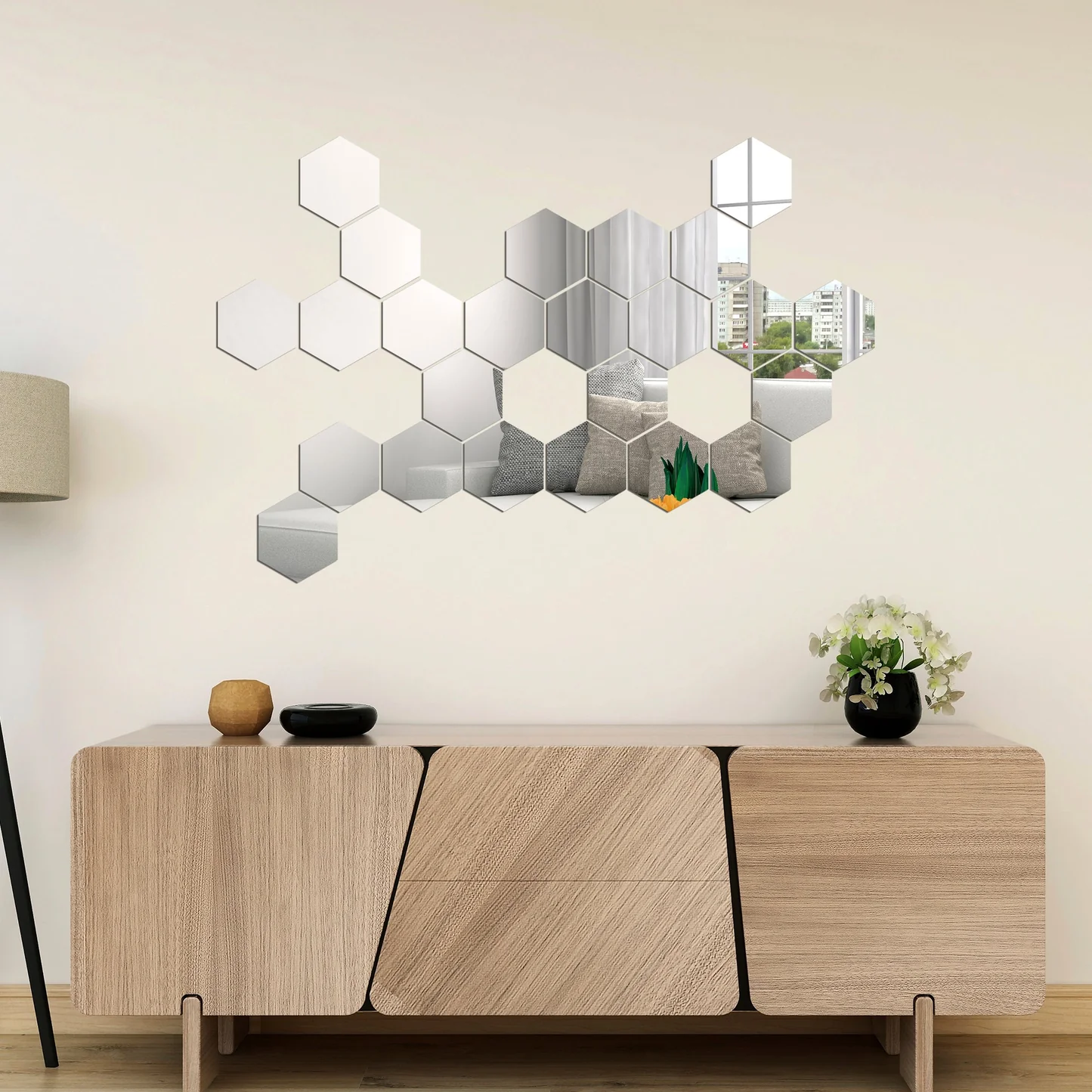 Set oglinzi acrilice Luxer, model hexagon, 12.5x11x6.4 cm, silver, oglinda acrilica perete mare decortiva dedeman dormitor rama ikea baie dedeman jysk ieftin pret emag mobexpert moderne ieftine leroy merlin autocolant hexagon luxer [4]