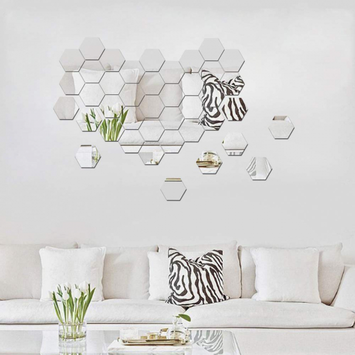 Set oglinzi acrilice Luxer, model hexagon, 12.5x11x6.4 cm, silver, oglinda acrilica perete mare decortiva dedeman dormitor rama ikea baie dedeman jysk ieftin pret emag mobexpert moderne ieftine leroy merlin autocolant hexagon luxer [13]