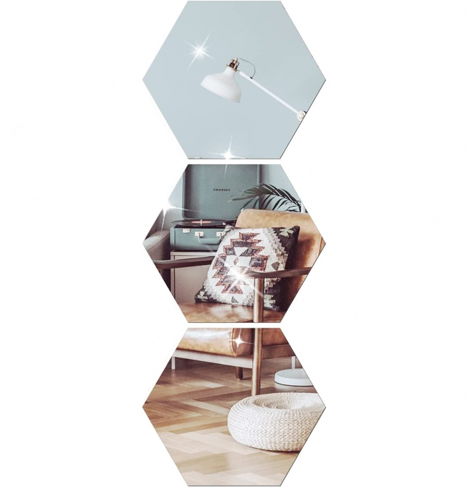 Set oglinzi acrilice Luxer, model hexagon, 12.5x11x6.4 cm, silver, oglinda acrilica perete mare decortiva dedeman dormitor rama ikea baie dedeman jysk ieftin pret emag mobexpert moderne ieftine leroy merlin autocolant hexagon luxer [1]