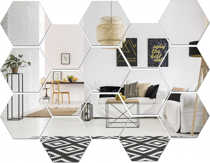 Set oglinzi acrilice Luxer, model hexagon, 18.5x16x9.3 cm, silver, oglinda acrilica perete mare decortiva dedeman dormitor rama ikea baie dedeman jysk ieftin pret emag mobexpert moderne ieftine leroy merlin autocolant hexagon luxer [2]