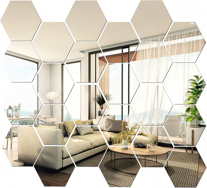Set oglinzi acrilice Luxer, model hexagon, 12.5x11x6.4 cm, silver, oglinda acrilica perete mare decortiva dedeman dormitor rama ikea baie dedeman jysk ieftin pret emag mobexpert moderne ieftine leroy merlin autocolant hexagon luxer [1]