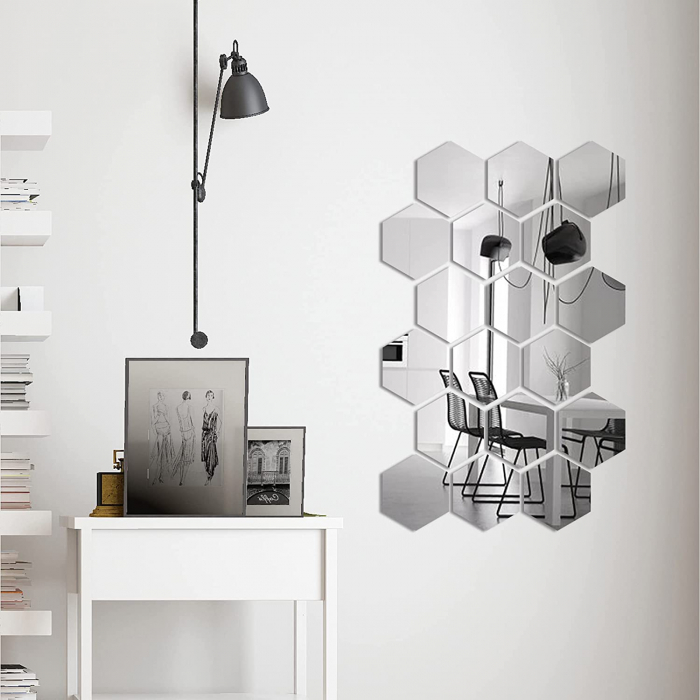 Set oglinzi acrilice Luxer, model hexagon, 12.5x11x6.4 cm, silver, oglinda acrilica perete mare decortiva dedeman dormitor rama ikea baie dedeman jysk ieftin pret emag mobexpert moderne ieftine leroy merlin autocolant hexagon luxer [2]