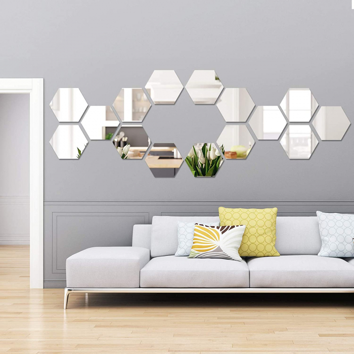 Set oglinzi acrilice Luxer, model hexagon, 18.5x16x9.3 cm, silver, oglinda acrilica perete mare decortiva dedeman dormitor rama ikea baie dedeman jysk ieftin pret emag mobexpert moderne ieftine leroy merlin autocolant hexagon luxer [7]