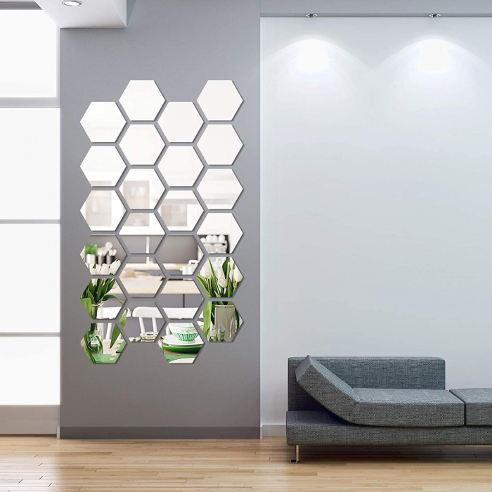Set oglinzi acrilice Luxer, model hexagon, 12.5x11x6.4 cm, silver, oglinda acrilica perete mare decortiva dedeman dormitor rama ikea baie dedeman jysk ieftin pret emag mobexpert moderne ieftine leroy merlin autocolant hexagon luxer [5]