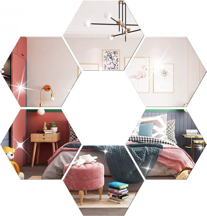 Set oglinzi acrilice Luxer, model hexagon, 12.5x11x6.4 cm, silver, oglinda acrilica perete mare decortiva dedeman dormitor rama ikea baie dedeman jysk ieftin pret emag mobexpert moderne ieftine leroy merlin autocolant hexagon luxer [1]