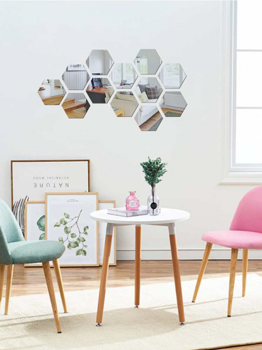 Set oglinzi acrilice Luxer, model hexagon, 12.5x11x6.4 cm, silver, oglinda acrilica perete mare decortiva dedeman dormitor rama ikea baie dedeman jysk ieftin pret emag mobexpert moderne ieftine leroy merlin autocolant hexagon luxer [3]
